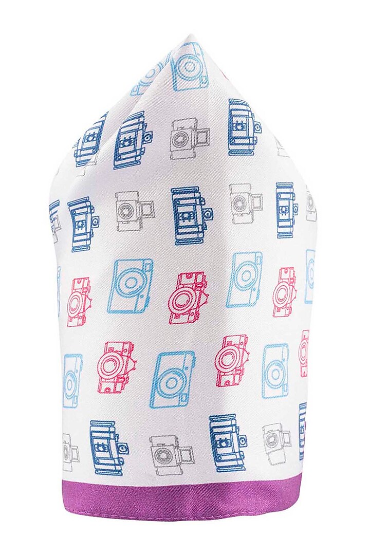 White Printed Pocket Square by THE TIE HUB at Pernia's Pop Up Shop