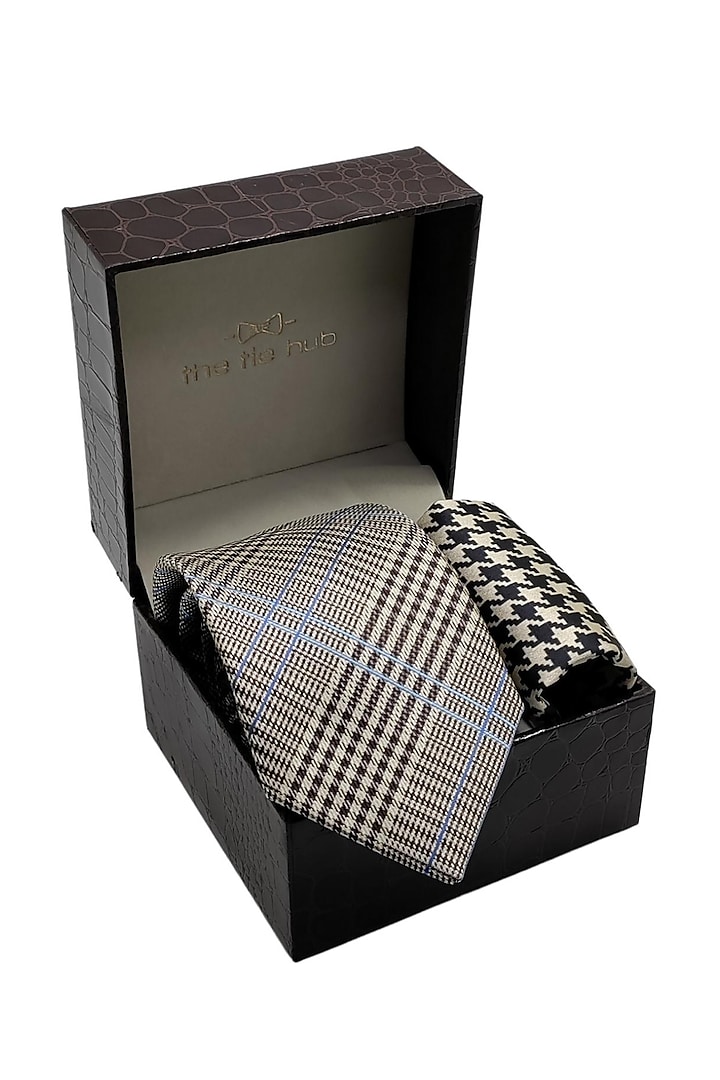 Cream Plaid Necktie & Pocket Square Gift Set by THE TIE HUB at Pernia's Pop Up Shop
