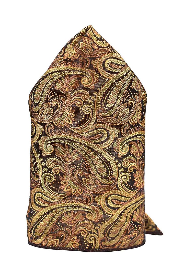 Gold Paisley Printed Pocket Square by THE TIE HUB at Pernia's Pop Up Shop
