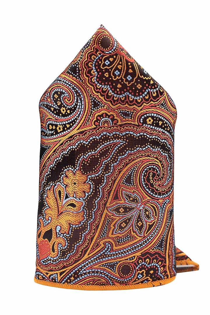 Orange Paisley Printed Pocket Square by THE TIE HUB at Pernia's Pop Up Shop