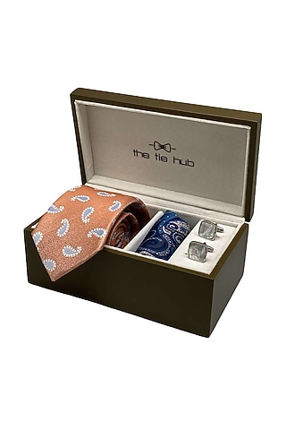 Orange Hand Stitched Necktie Set (Set Of 3) by THE TIE HUB
