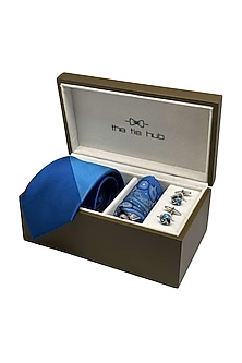 Bright Blue Hand Stitched Necktie Set (Set Of 3) by THE TIE HUB-GIFTS FOR HIM