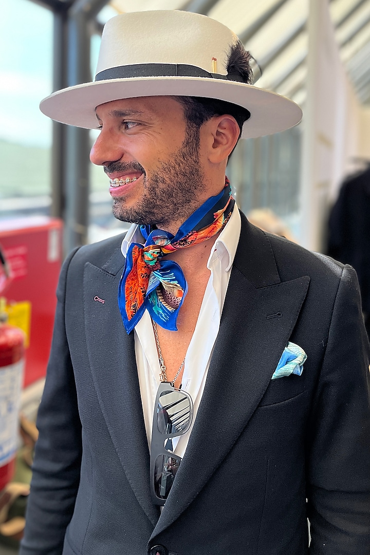 Blue Silk Printed Neckerchief by THE TIE HUB at Pernia's Pop Up Shop