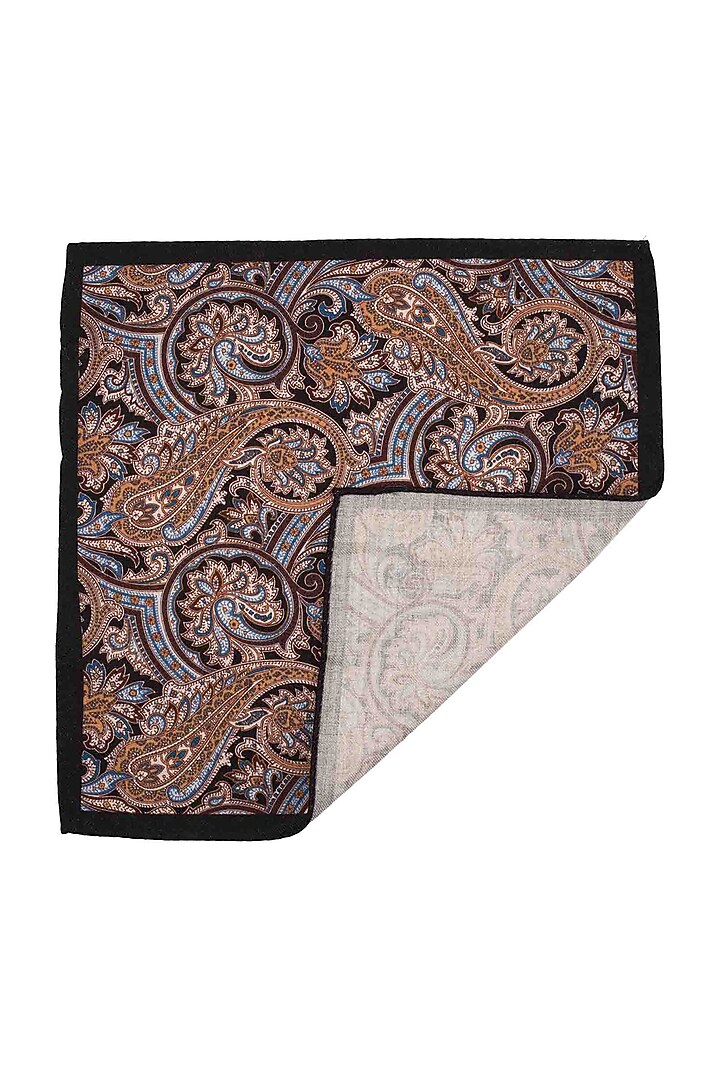 Black Wool Printed Pocket Square by THE TIE HUB at Pernia's Pop Up Shop