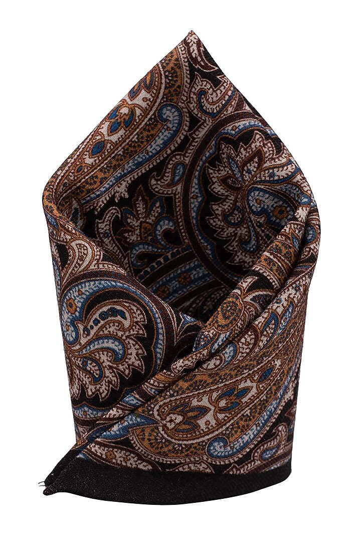 Black Wool Printed Pocket Square by THE TIE HUB at Pernia's Pop Up Shop