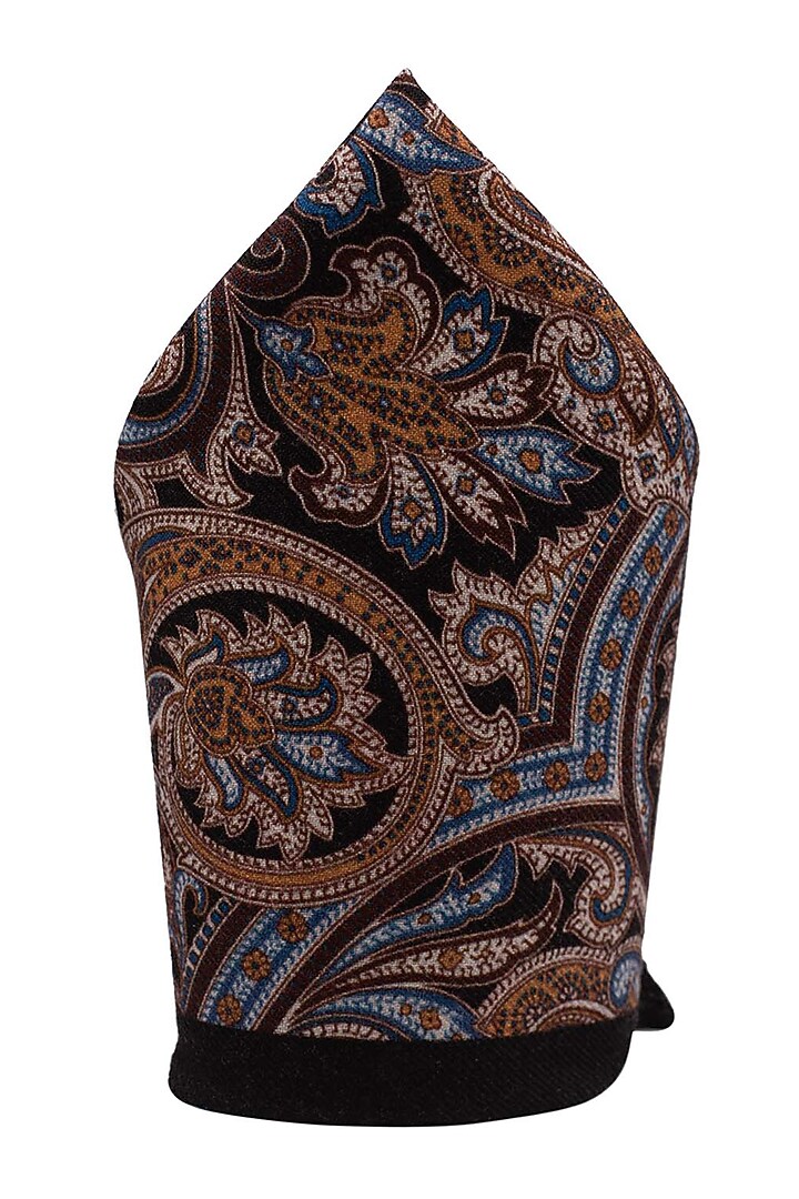 Black Wool Printed Pocket Square by THE TIE HUB at Pernia's Pop Up Shop