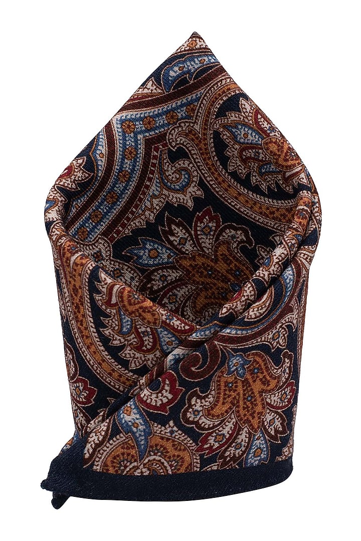 Blue Wool Printed Pocket Square by THE TIE HUB at Pernia's Pop Up Shop