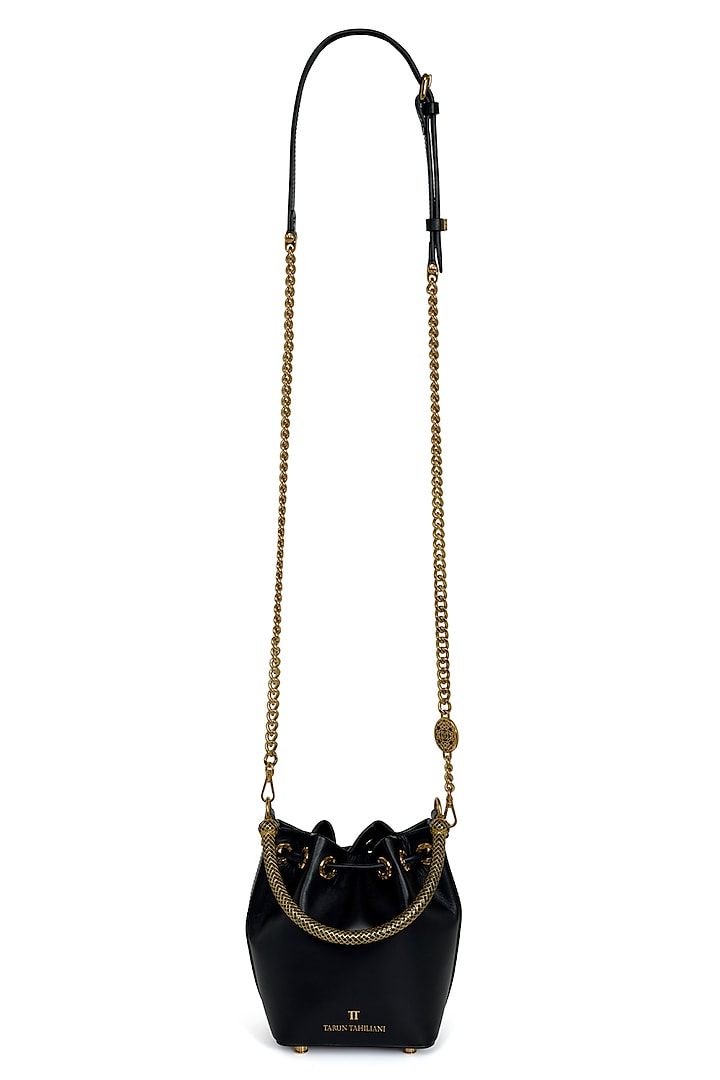 Black Leather Bucket Bag by Tarun Tahiliani Accessories at Pernia's Pop Up Shop