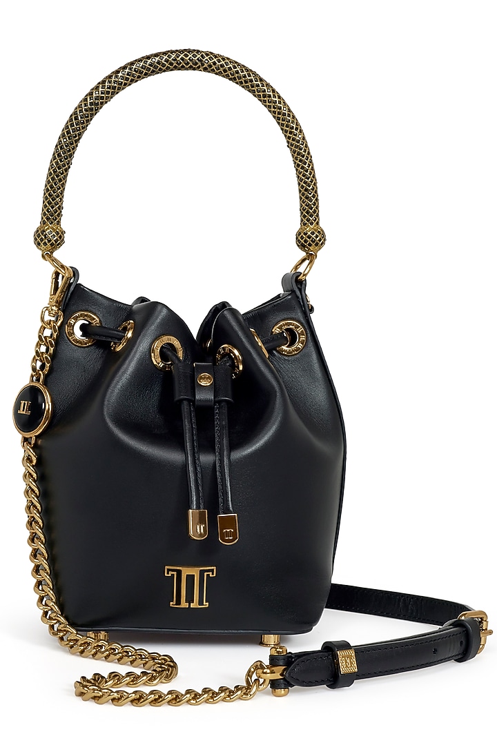Black Leather Bucket Bag by Tarun Tahiliani Accessories at Pernia's Pop Up Shop