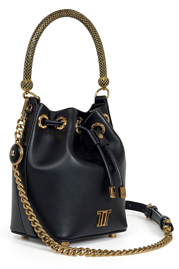 Black Leather Bucket Bag by Tarun Tahiliani Accessories at Pernia's Pop Up Shop