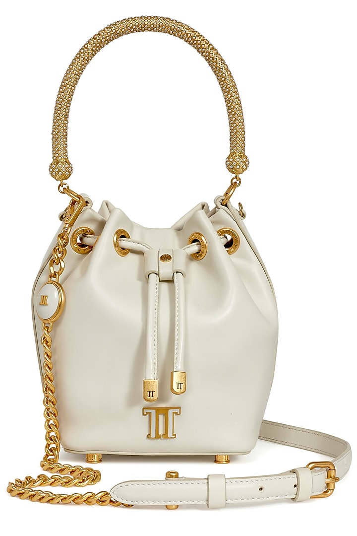 Ivory Leather Bucket Bag by Tarun Tahiliani Accessories at Pernia's Pop Up Shop