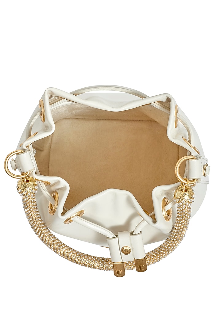 Ivory Leather Bucket Bag by Tarun Tahiliani Accessories at Pernia's Pop Up Shop
