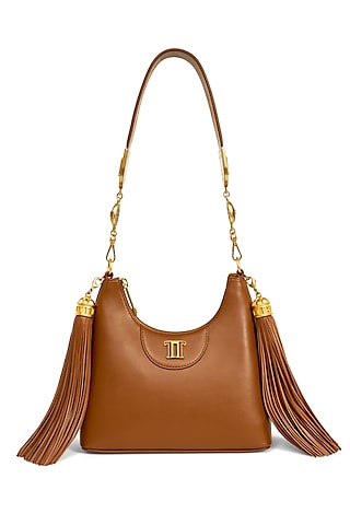 Indus Tan Leather Structured Shoulder Bag by Tarun Tahiliani Accessories