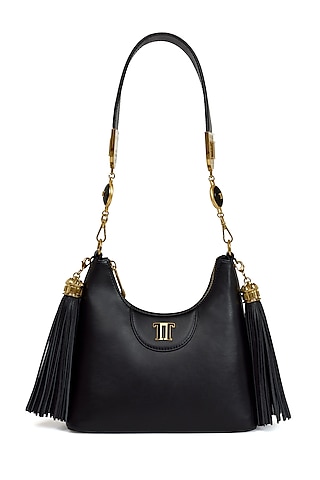 Black Leather Structured Shoulder Bag by Tarun Tahiliani Accessories