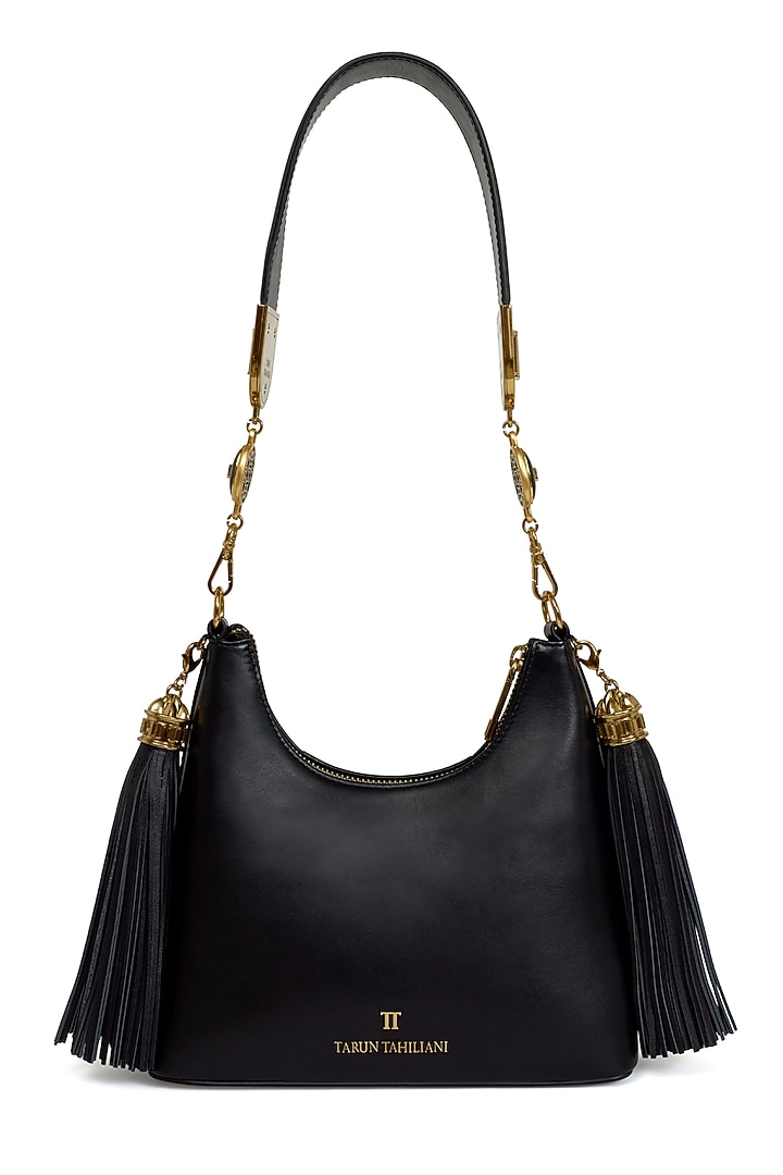 Black Leather Structured Shoulder Bag by Tarun Tahiliani Accessories at Pernia's Pop Up Shop