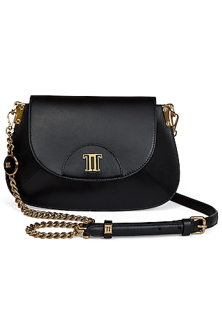 Black Leather Sling Bag by Tarun Tahiliani Accessories