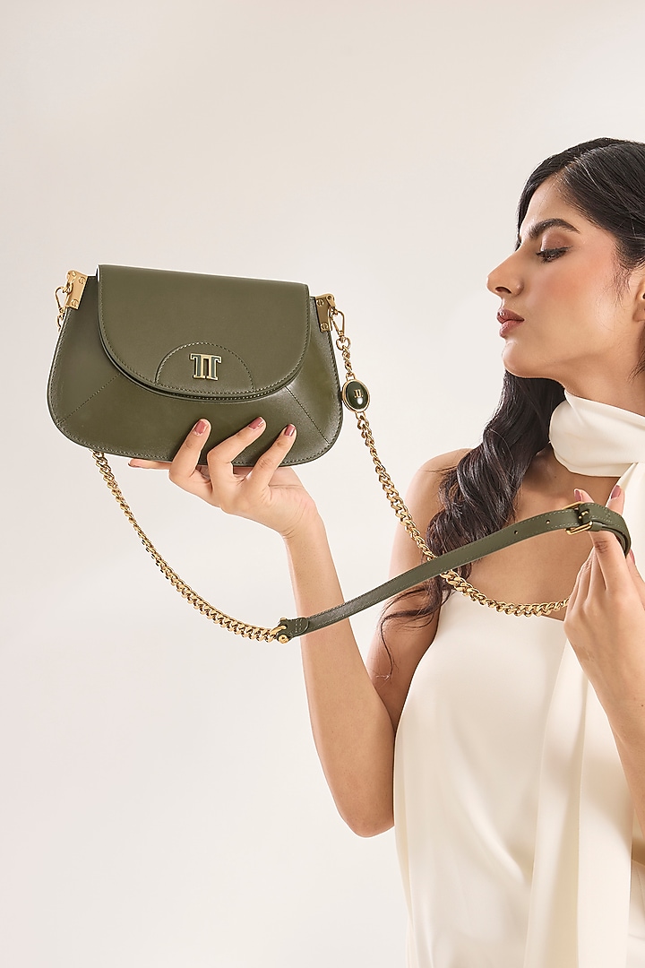Olive Green Leather Chain Strap Sling Bag by Tarun Tahiliani Accessories at Pernia's Pop Up Shop