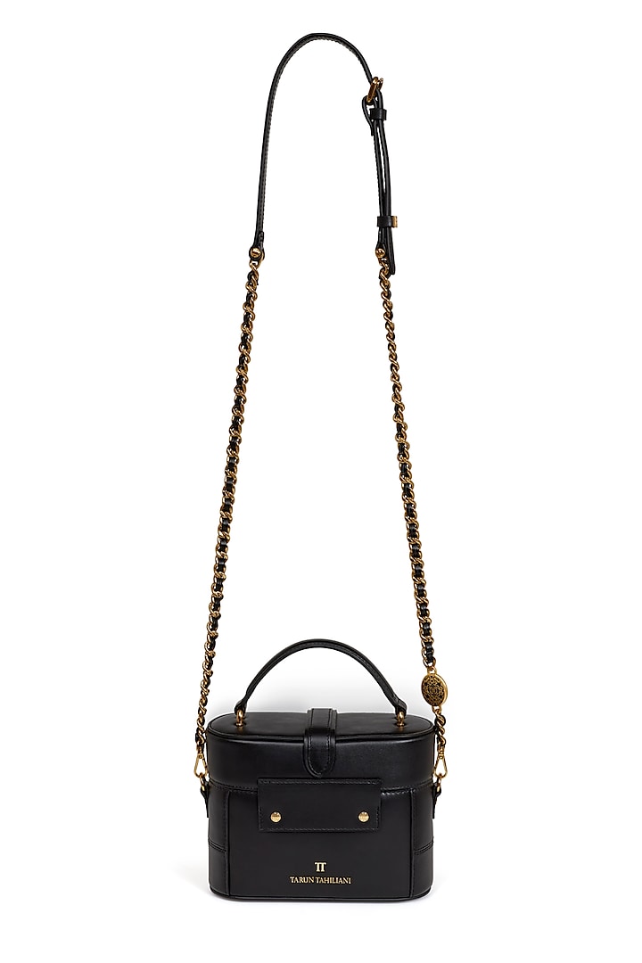 Black Leather Structured Vanity Bag by Tarun Tahiliani Accessories at Pernia's Pop Up Shop