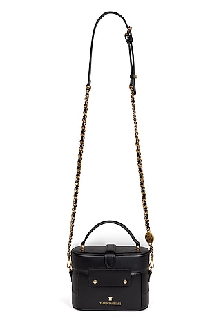Black Leather Structured Vanity Bag by Tarun Tahiliani Accessories