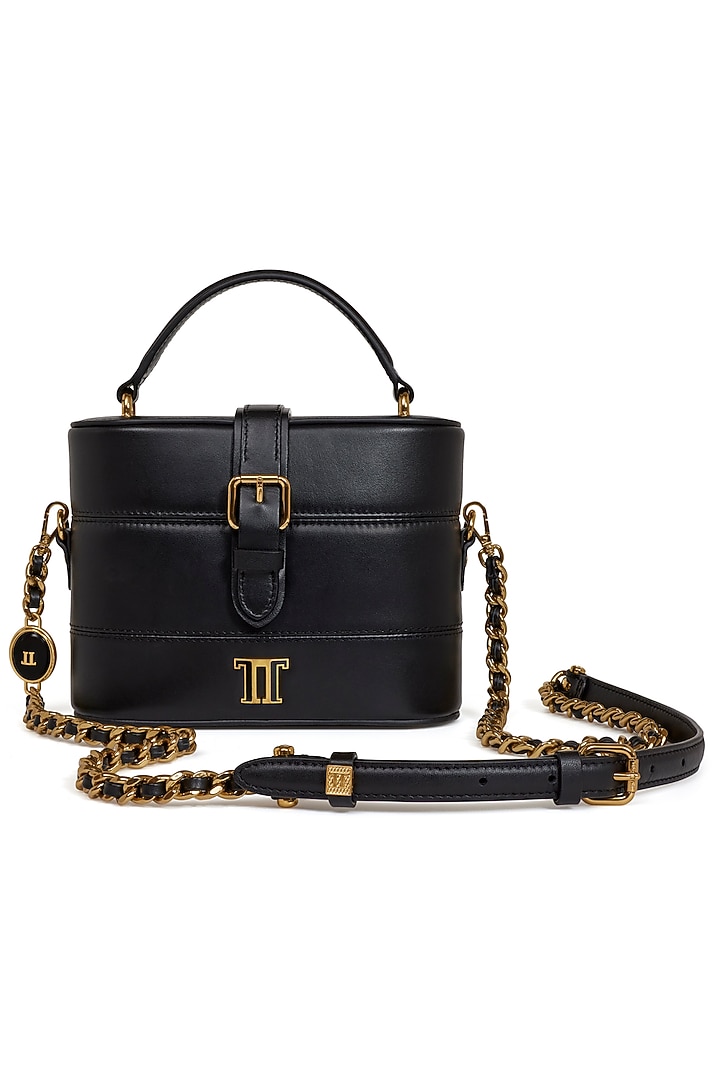 Black Leather Structured Vanity Bag by Tarun Tahiliani Accessories at Pernia's Pop Up Shop