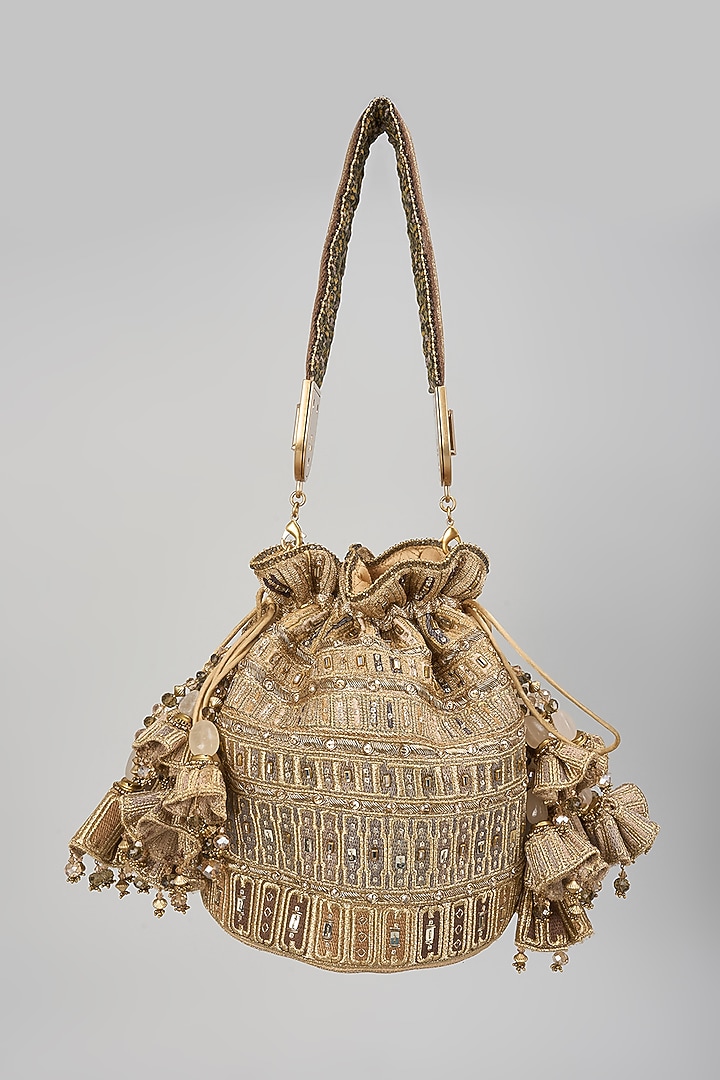 Golden Poly Organza & Velvet Embroidered Potli by Tarun Tahiliani Accessories at Pernia's Pop Up Shop