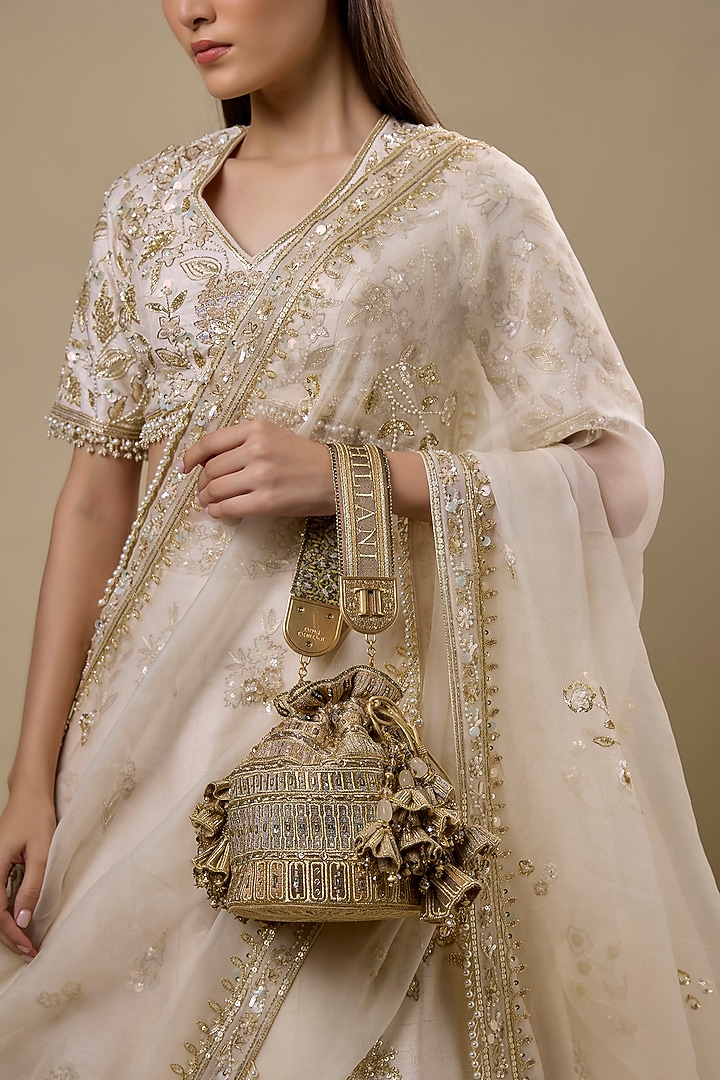 Golden Poly Organza & Velvet Embroidered Potli by Tarun Tahiliani Accessories at Pernia's Pop Up Shop