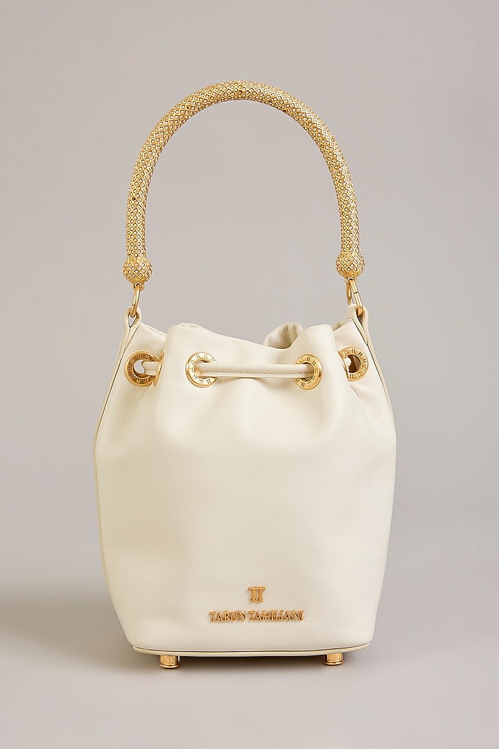 Ivory Leather Bucket Bag by Tarun Tahiliani Accessories at Pernia's Pop Up Shop