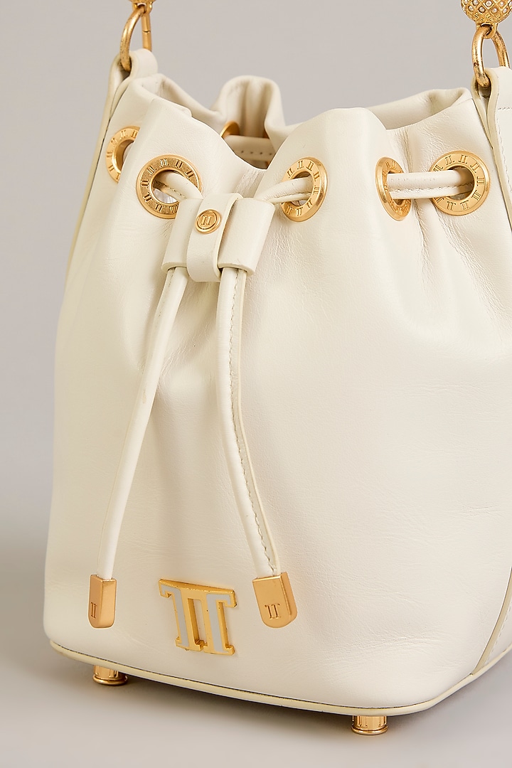 Ivory Leather Bucket Bag by Tarun Tahiliani Accessories at Pernia's Pop Up Shop