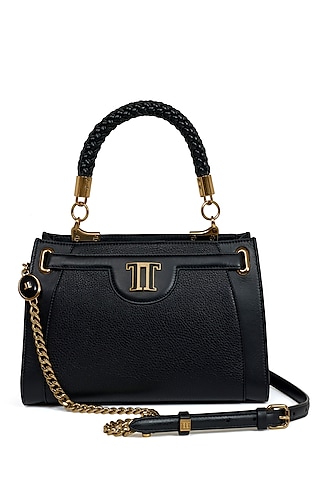 Black Leather Hand Bag by Tarun Tahiliani Accessories
