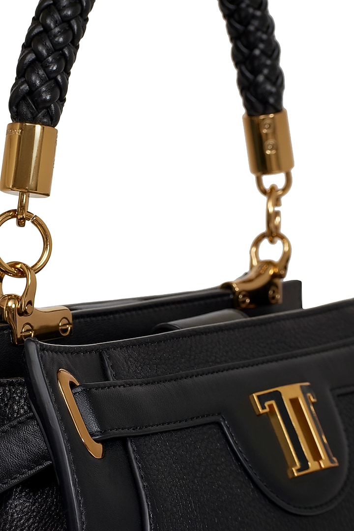 Black Leather Hand Bag by Tarun Tahiliani Accessories at Pernia's Pop Up Shop