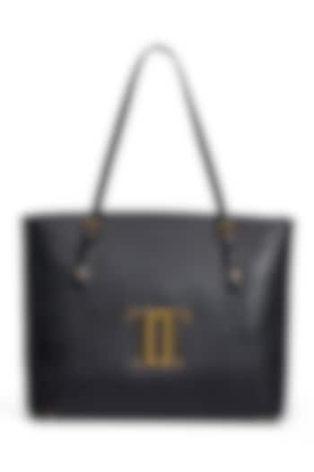 Black Leather Tote Bag by Tarun Tahiliani Accessories at Pernia's Pop Up Shop