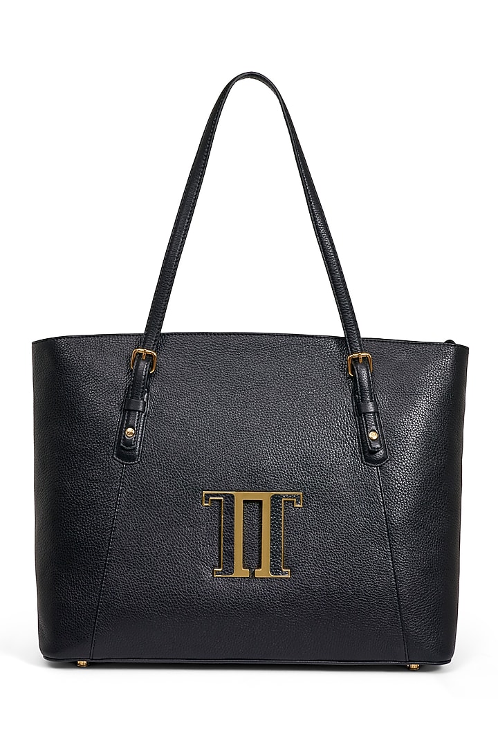 Black Leather Tote Bag by Tarun Tahiliani Accessories at Pernia's Pop Up Shop