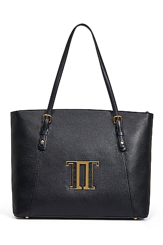 Black Leather Tote Bag by Tarun Tahiliani Accessories