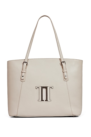 Dove Grey Leather Tote Bag by Tarun Tahiliani Accessories