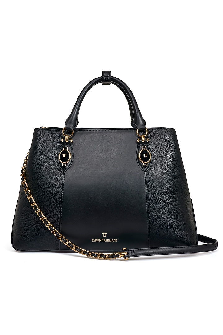 Black Leather Tote Bag by Tarun Tahiliani Accessories at Pernia's Pop Up Shop