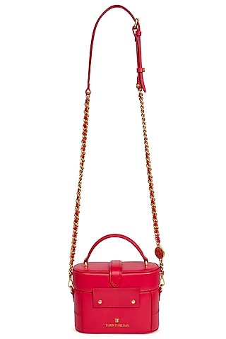Ruby Rouge Leather Structured Vanity Bag by Tarun Tahiliani Accessories
