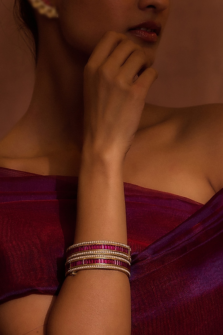 Gold Finish Zircon & Freshwater Pearl Bangle In Sterling Silver (Set of 2) by Tarun Tahiliani Accessories