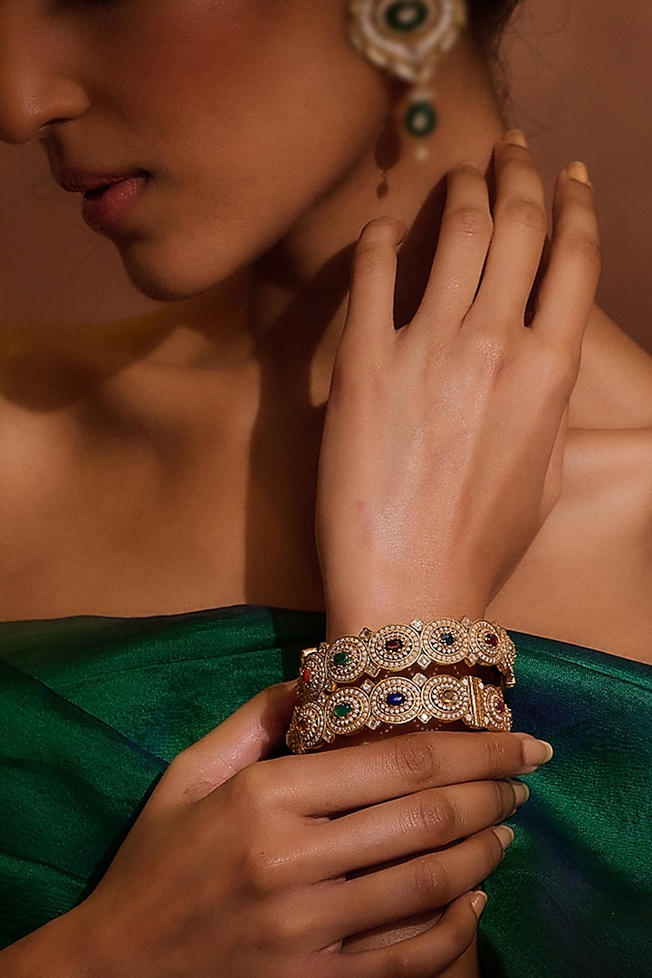 Gold Plated Zircons & Pearl Bangle In Sterling Silver (Set of 2) by Tarun Tahiliani Accessories