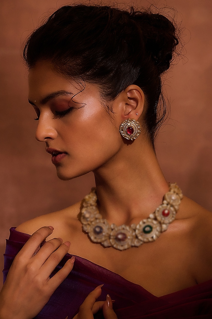 Gold Plated Ruby & Freshwater Pearl Stud Earrings In Sterling Silver by Tarun Tahiliani Accessories