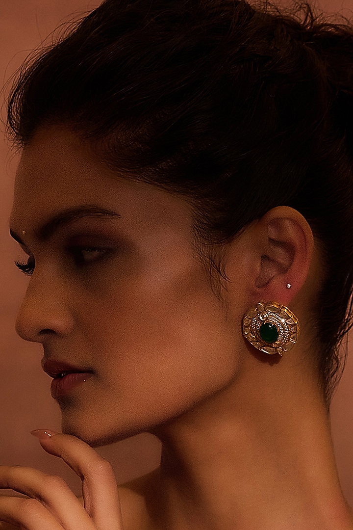 Gold Plated Emerald & Freshwater Pearl Stud Earrings In Sterling Silver by Tarun Tahiliani Accessories