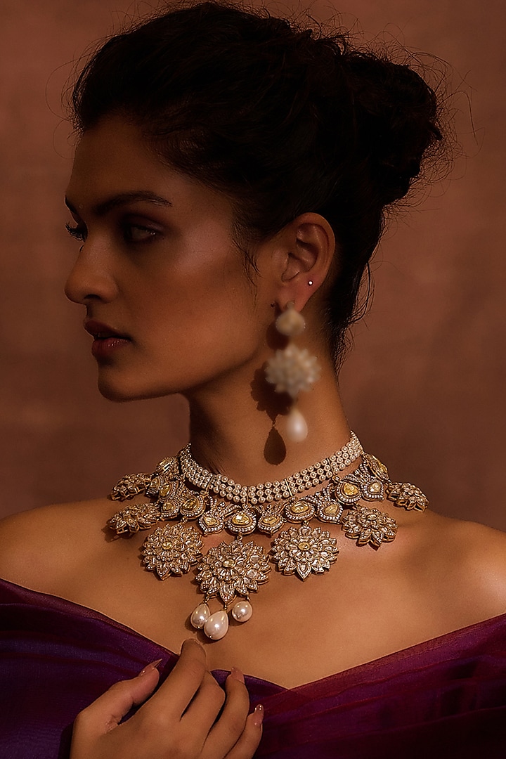 Gold Plated Zircons & Ruby Beaded Necklace In Sterling Silver by Tarun Tahiliani Accessories