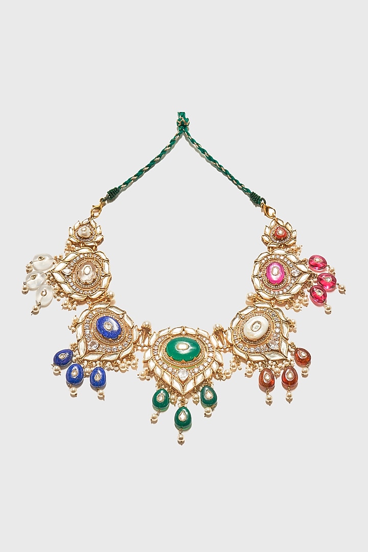 Gold Plated Mother Of Pearl & Onyx Jadau Necklace In Sterling Silver by Tarun Tahiliani Jewellery at Pernia's Pop Up Shop