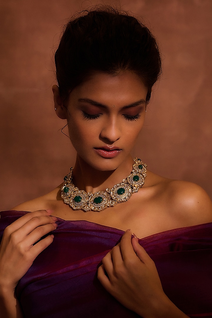 Gold Plated Crystal Zircon & Mother Of Pearl Choker Necklace In Sterling Silver by Tarun Tahiliani Accessories