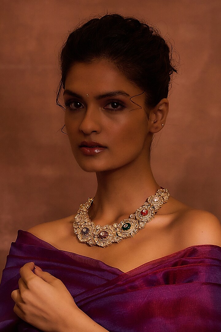 Gold Plated Green Onyx & Mother Of Pearl Choker Necklace In Sterling Silver by Tarun Tahiliani Accessories