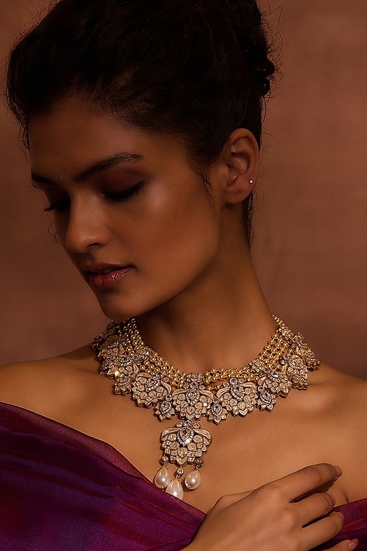 Gold Plated Zircon & Swarovski Pearl Droplets Necklace In Sterling Silver by Tarun Tahiliani Accessories