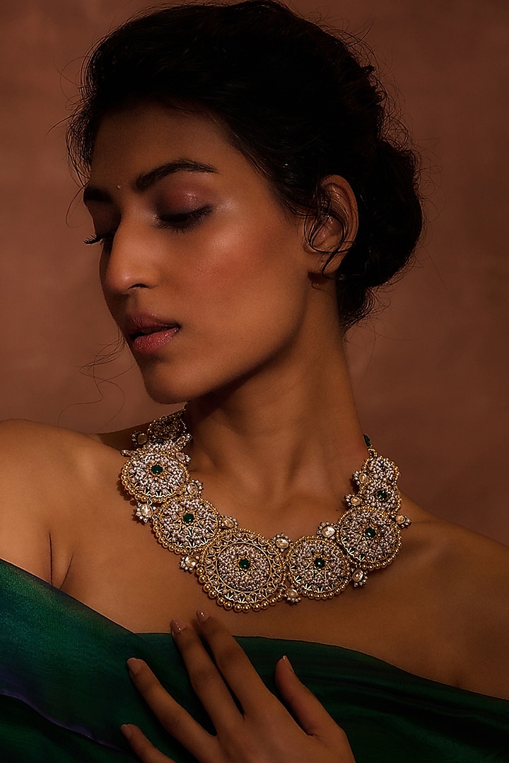 Gold Plated Zircon & Emerald Stone Necklace In Sterling Silver by Tarun Tahiliani Accessories