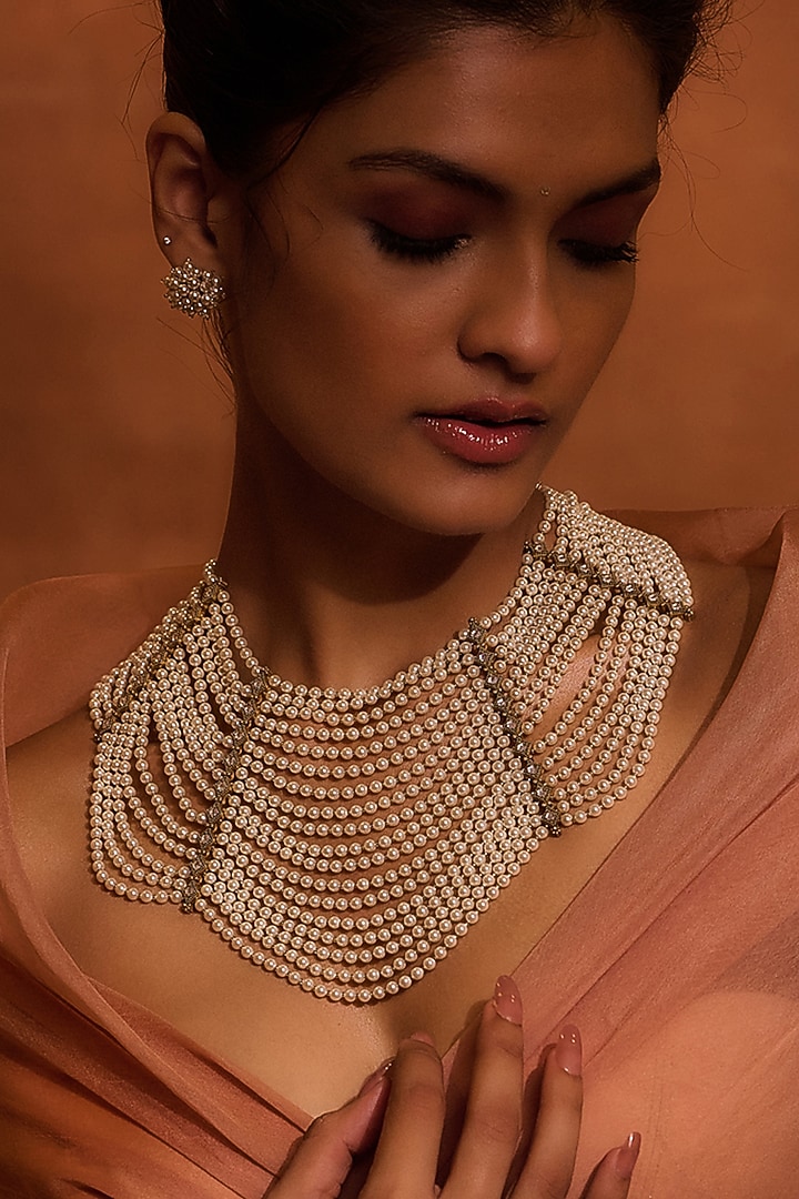 Ivory Swarovski Pearl & Zircon Necklace In Sterling Silver by Tarun Tahiliani Accessories at Pernia's Pop Up Shop