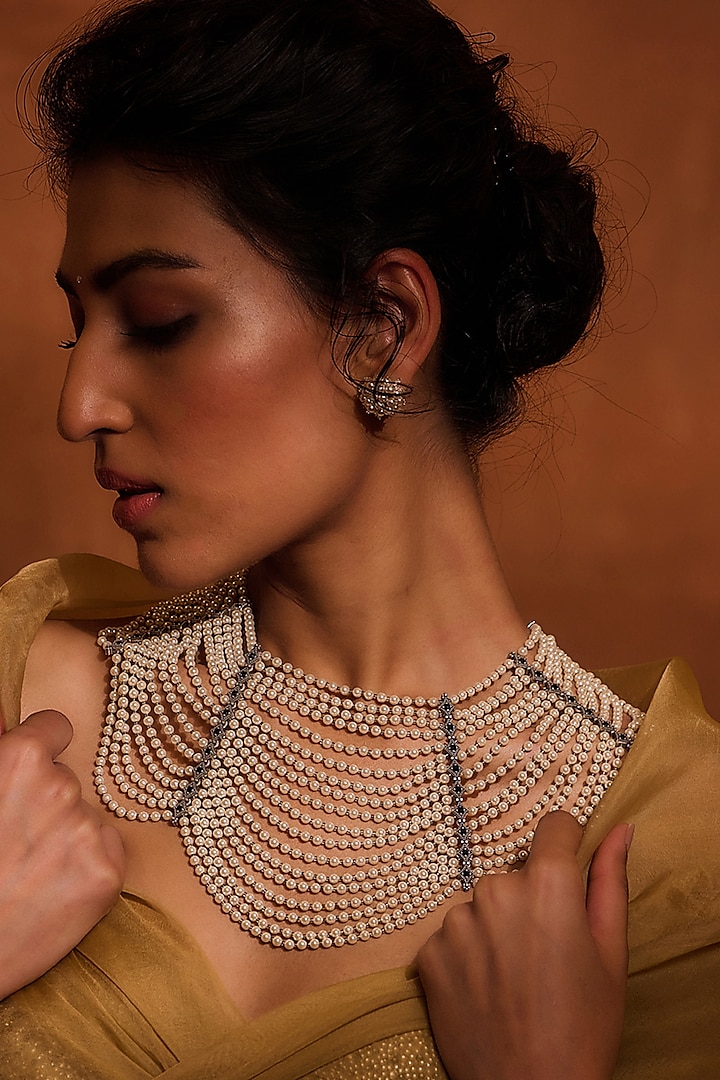 Ivory Swarovski Pearl & Zircon Necklace In Sterling Silver by Tarun Tahiliani Accessories