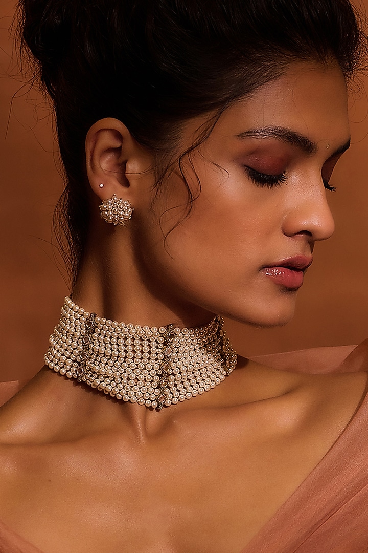 Ivory Freshwater & Swarovski Pearl Choker Necklace In Sterling Silver by Tarun Tahiliani Accessories