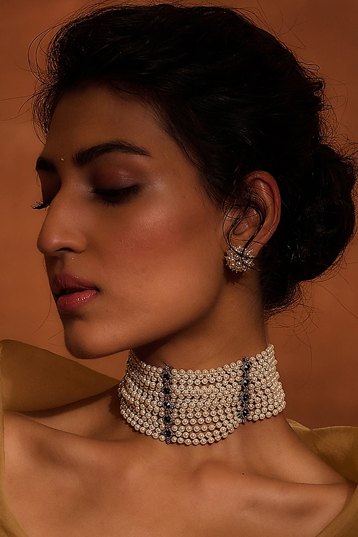 Ivory Freshwater & Swarovski Pearl Choker Necklace In Sterling Silver by Tarun Tahiliani Accessories